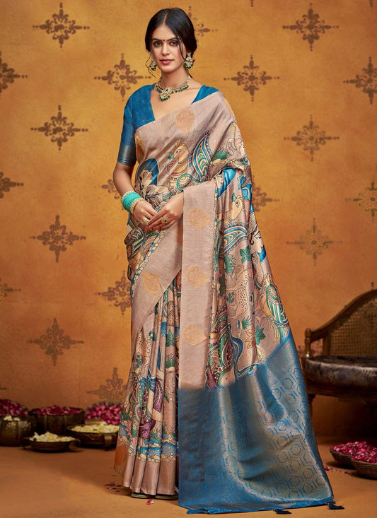 Blue Silk Traditional Saree Printed, Weaving Zari S18658