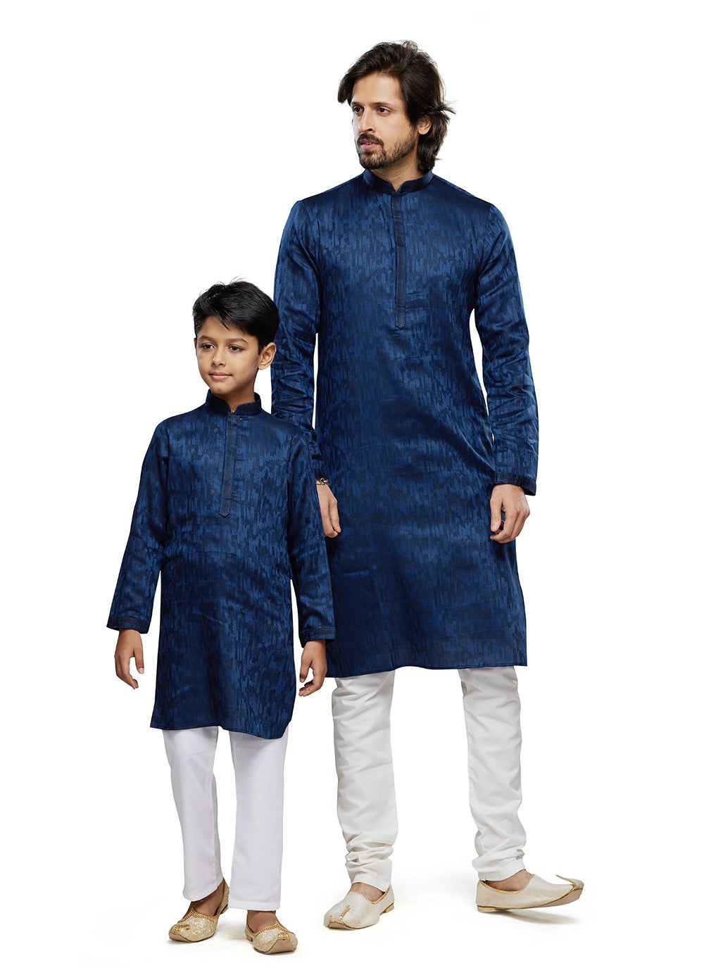 Printed Art Silk Blue Men's & Kids Combo - M6821