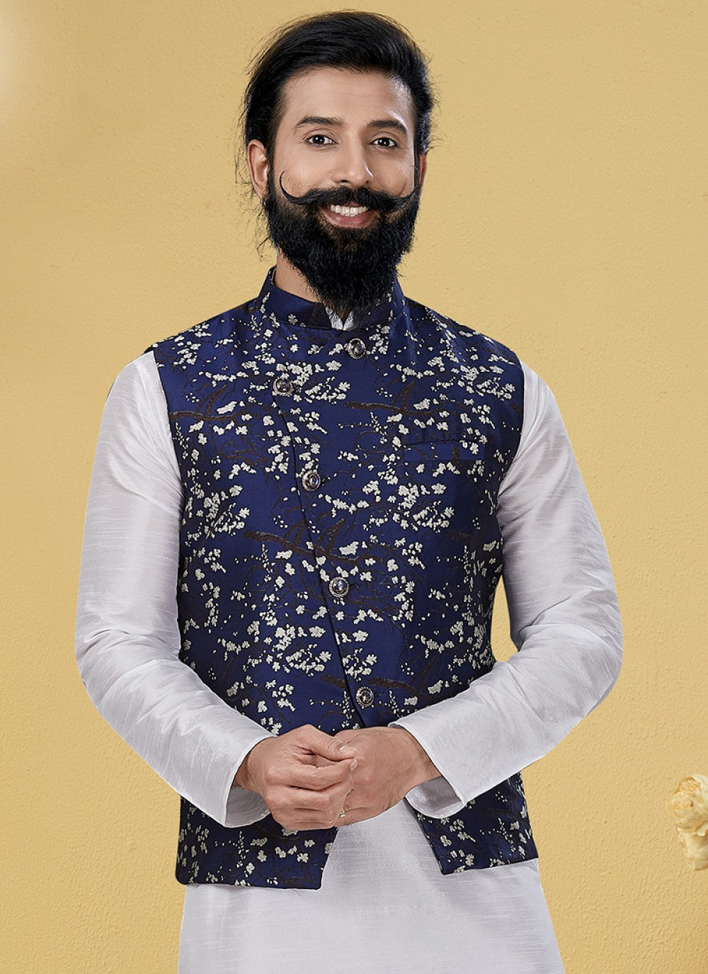 Printed Silk Blue Nehru Jackets - M1864