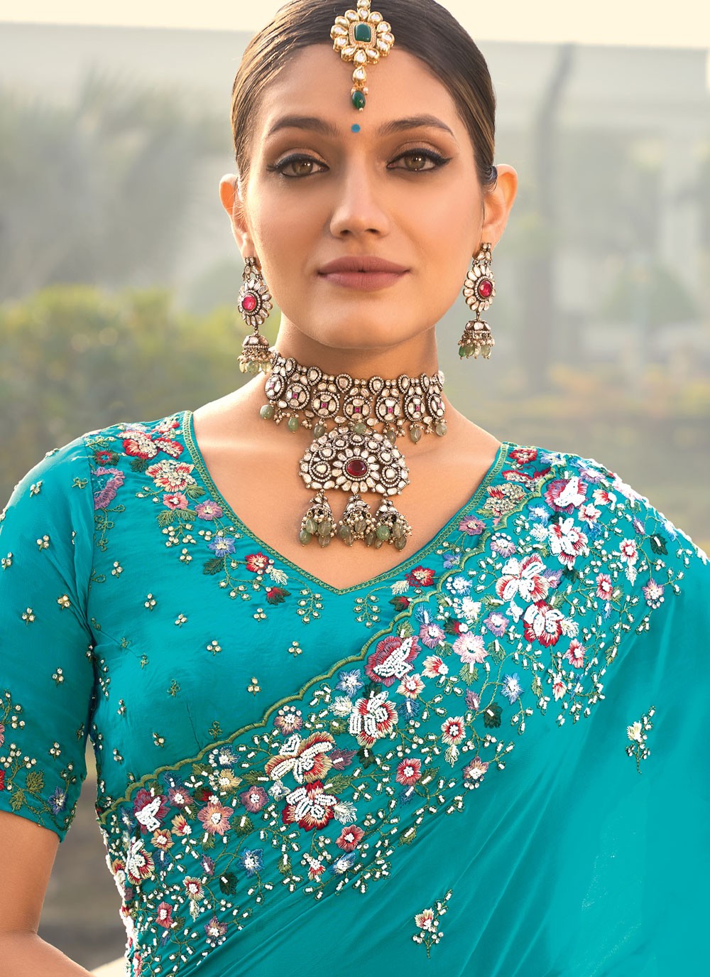 Beads Pure Crepe Blue Saree S14301