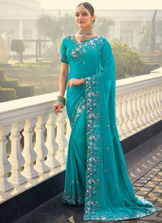 Beads Pure Crepe Blue Saree S14301