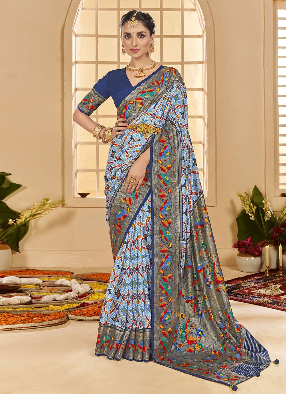 Border Work Cotton Silk Blue Classic Saree S15293