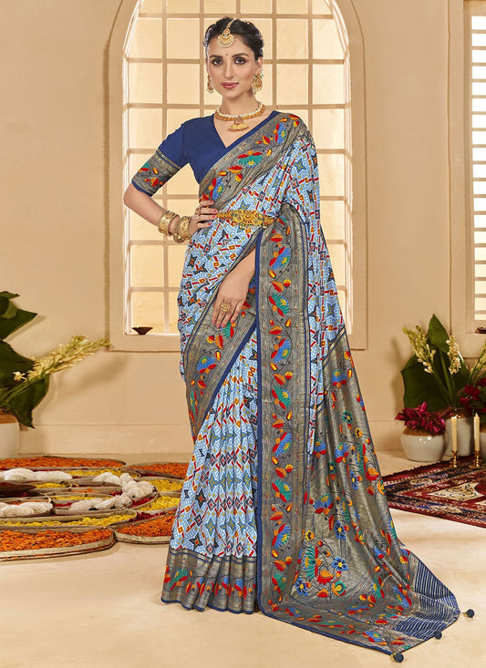 Border Work Cotton Silk Blue Classic Saree S15293