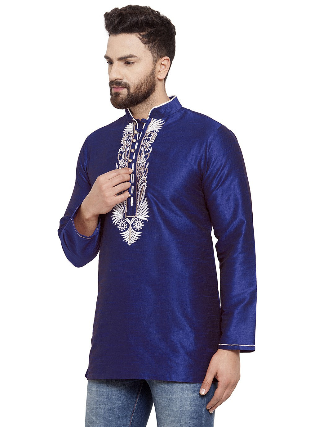 Machine Embroidery Dupion Silk Blue Short Kurta - M5733