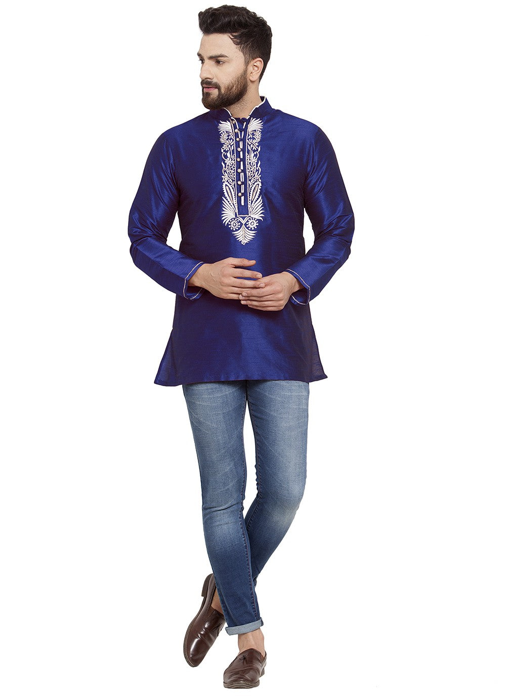 Machine Embroidery Dupion Silk Blue Short Kurta - M5733