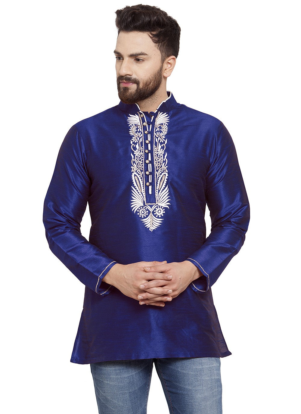 Machine Embroidery Dupion Silk Blue Short Kurta - M5733