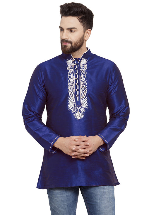 Machine Embroidery Dupion Silk Blue Short Kurta - M5733