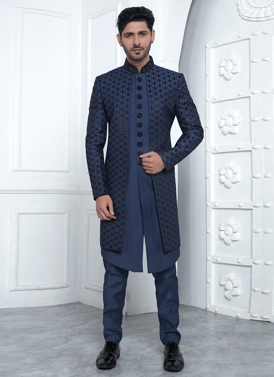 Embroidered Art Silk Blue Sherwani - M8250