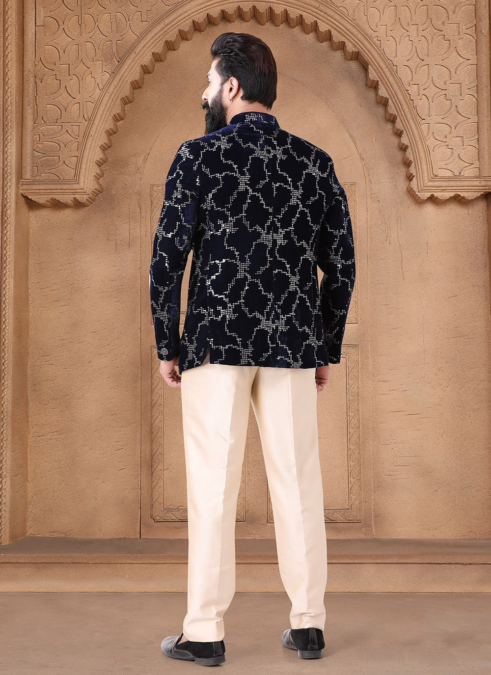 Embroidered Velvet Blue Jodhpuri Suit - M7622