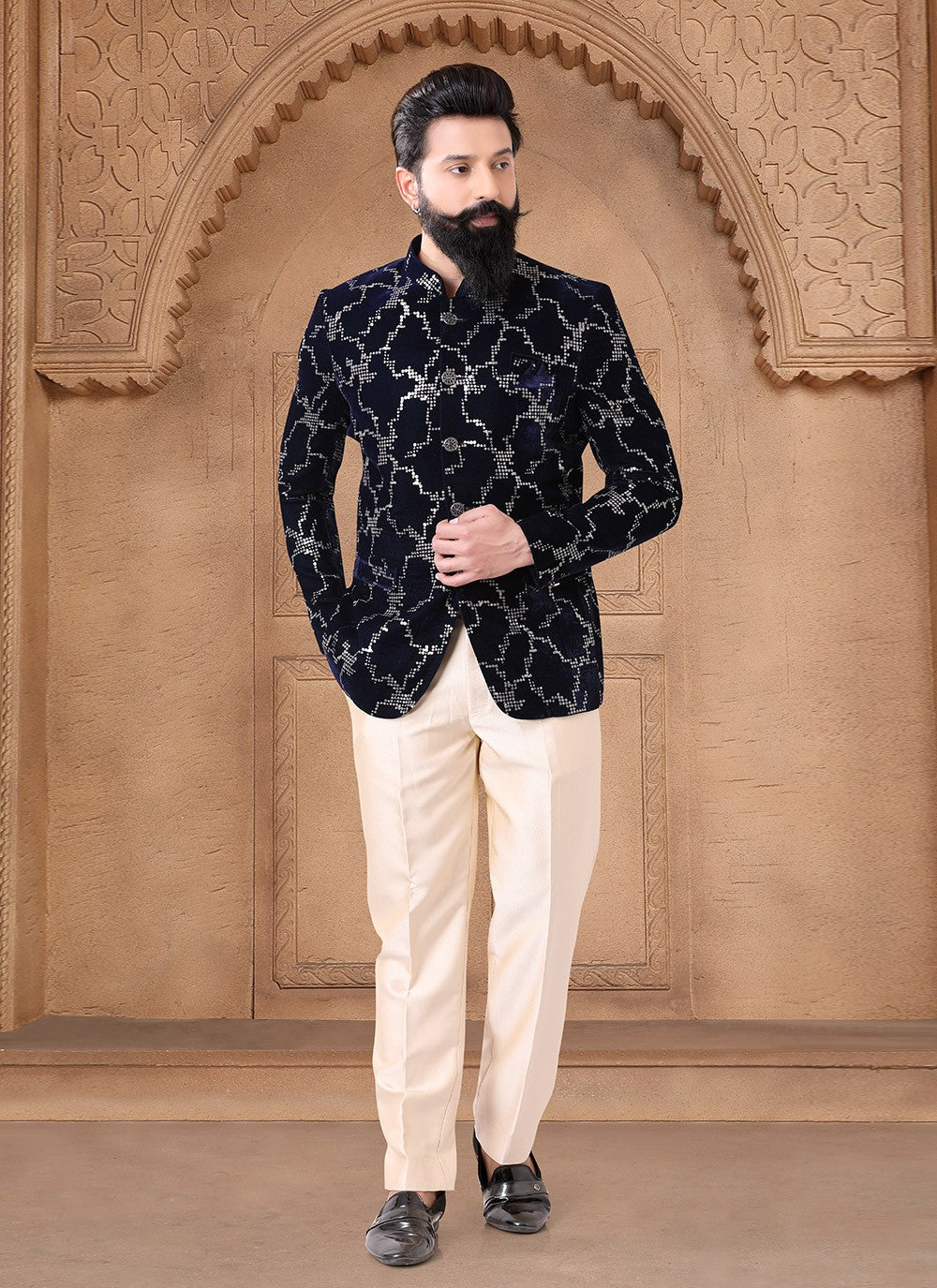 Embroidered Velvet Blue Jodhpuri Suit - M7622