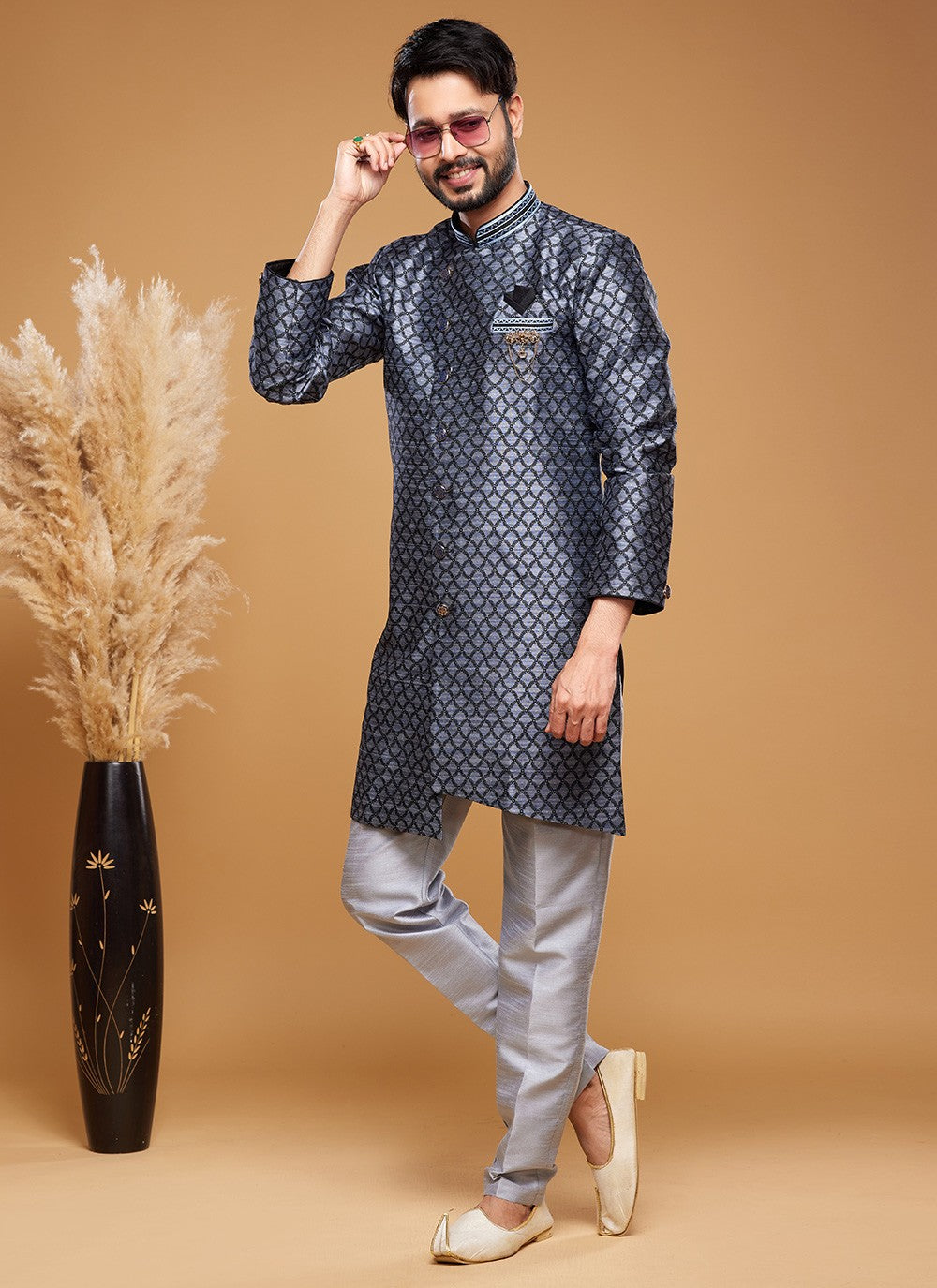 Embroidered Banarasi Jacquard Blue Indo Western - M6019