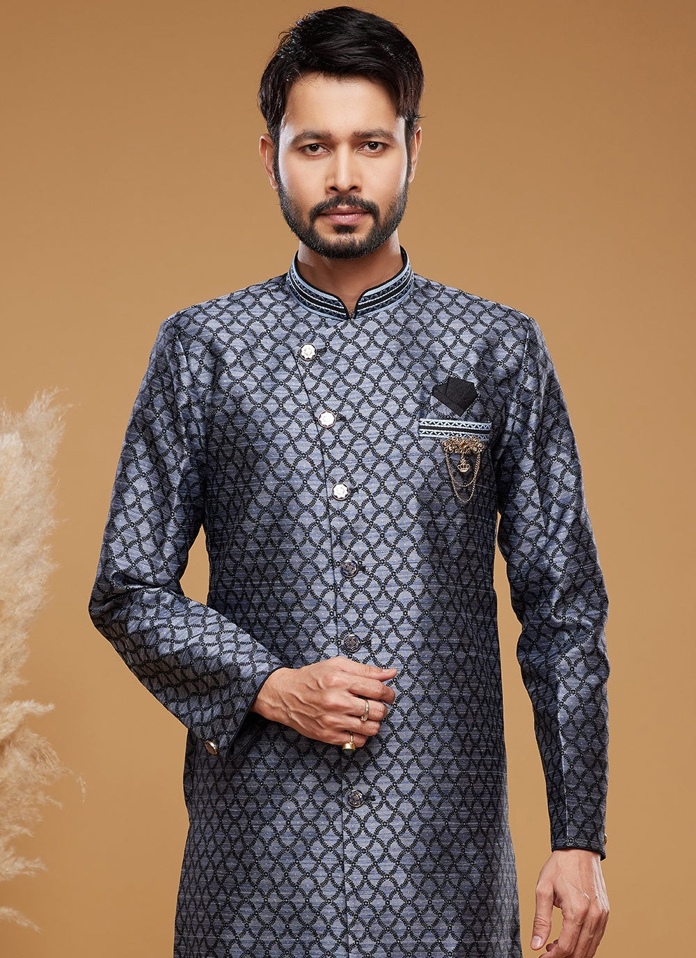 Embroidered Banarasi Jacquard Blue Indo Western - M6019