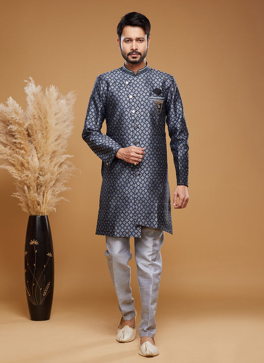 Embroidered Banarasi Jacquard Blue Indo Western - M6019