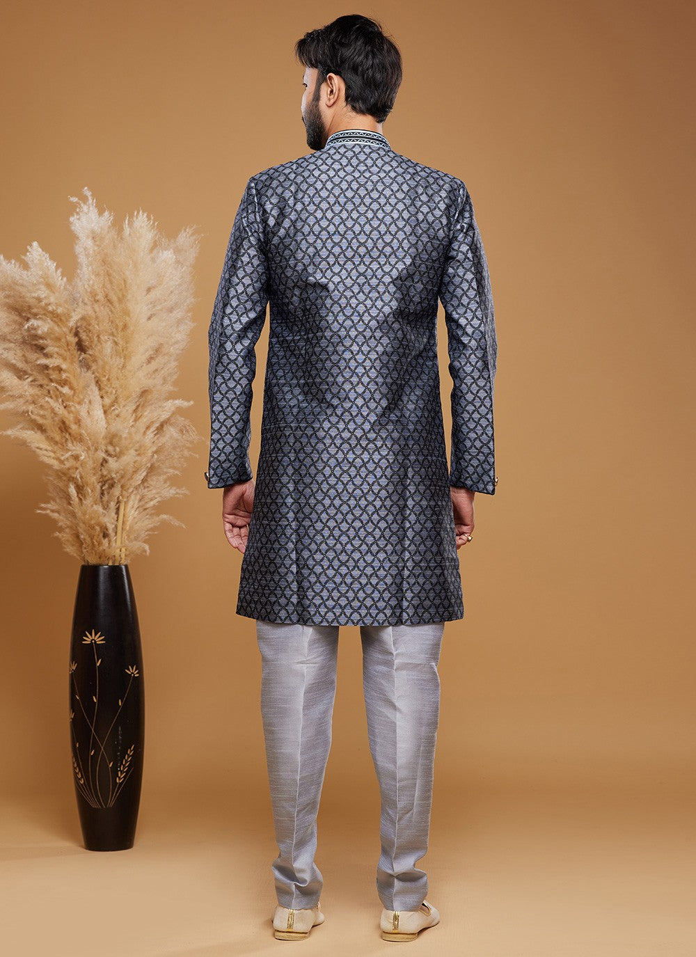 Embroidered Banarasi Jacquard Blue Indo Western - M6019
