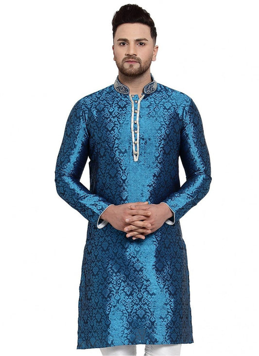 Embroidered Banarasi Silk Blue Kurta - M1611
