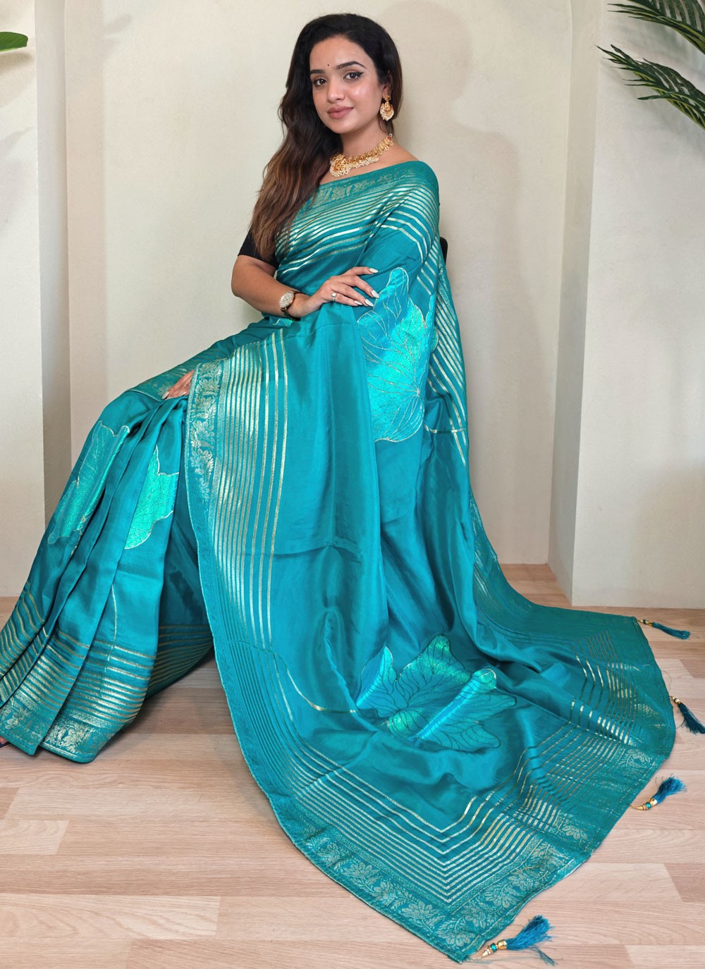 Fancy Work Silk Blue Contemporary Saree S15636