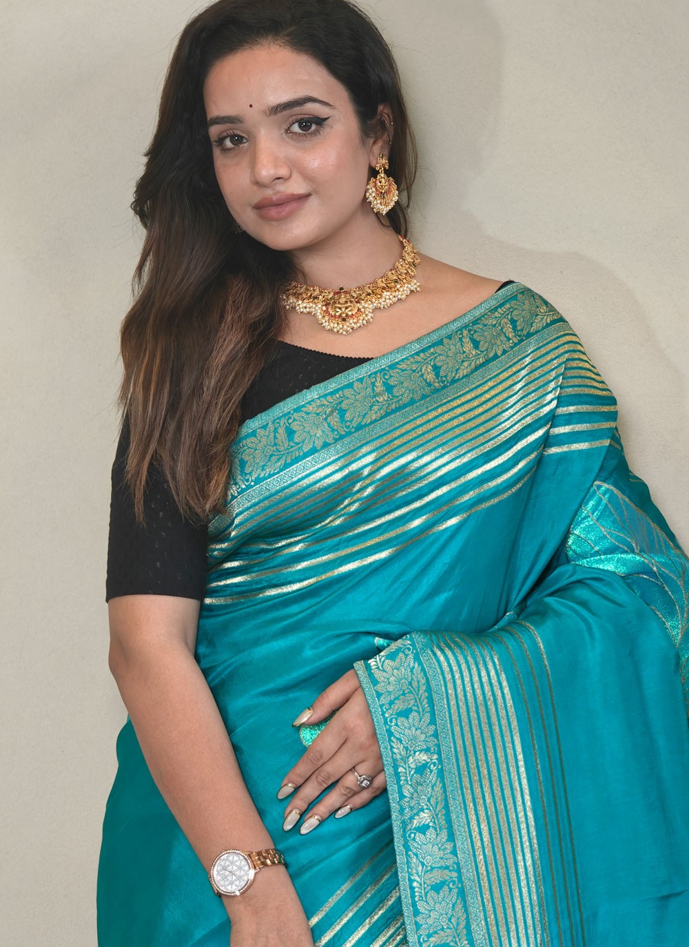 Fancy Work Silk Blue Contemporary Saree S15636