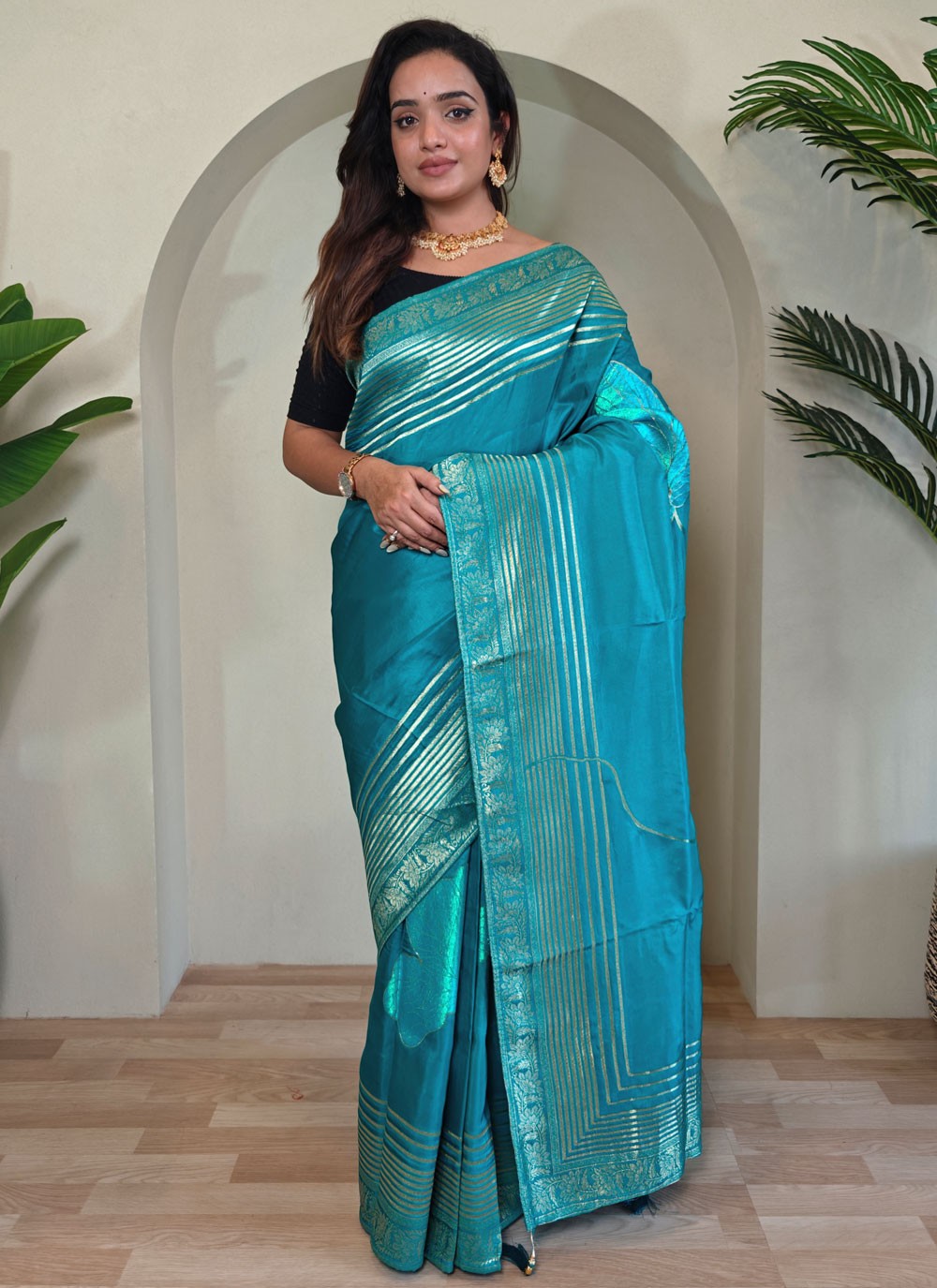 Fancy Work Silk Blue Contemporary Saree S15636