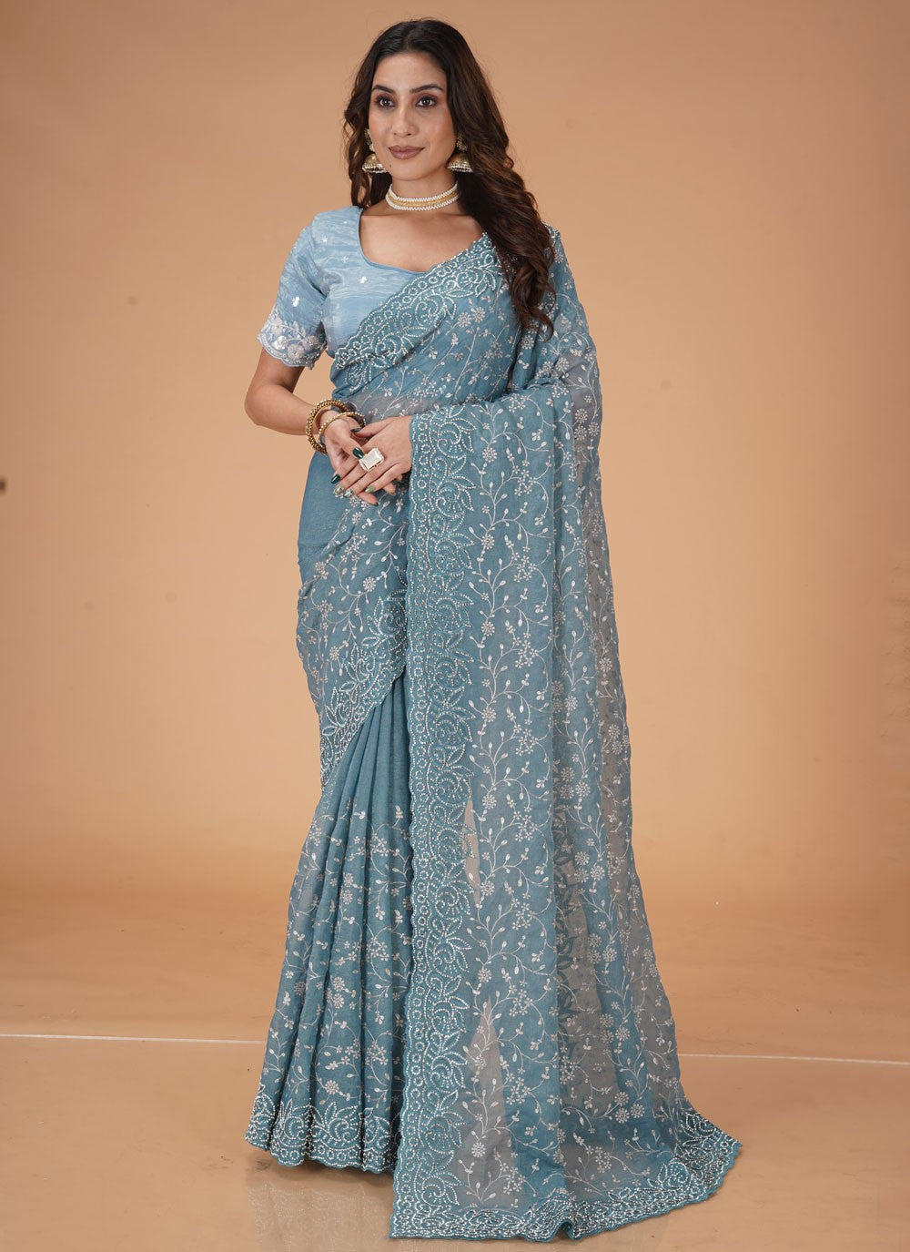 Cut Work Georgette Blue Designer Saree S15478