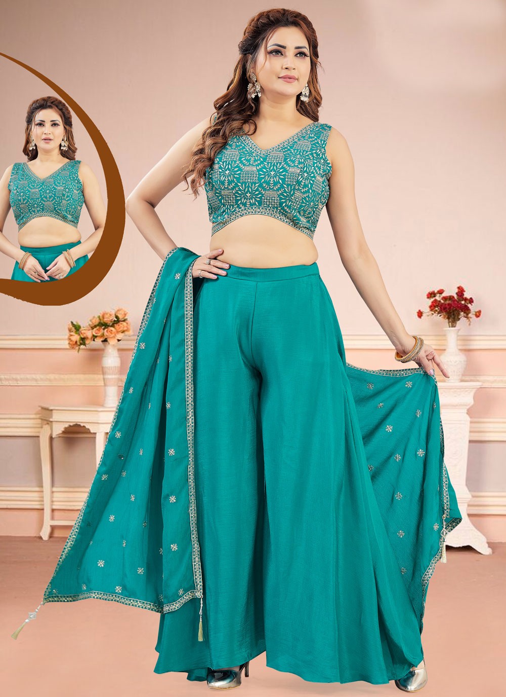 Palazzo Suit Embroidered Blue Silk T5805