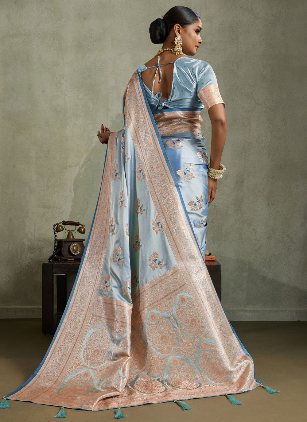 Blue Satin Silk Classic Saree Banarasi Jari, Border Work, Meenakari, Woven S19049