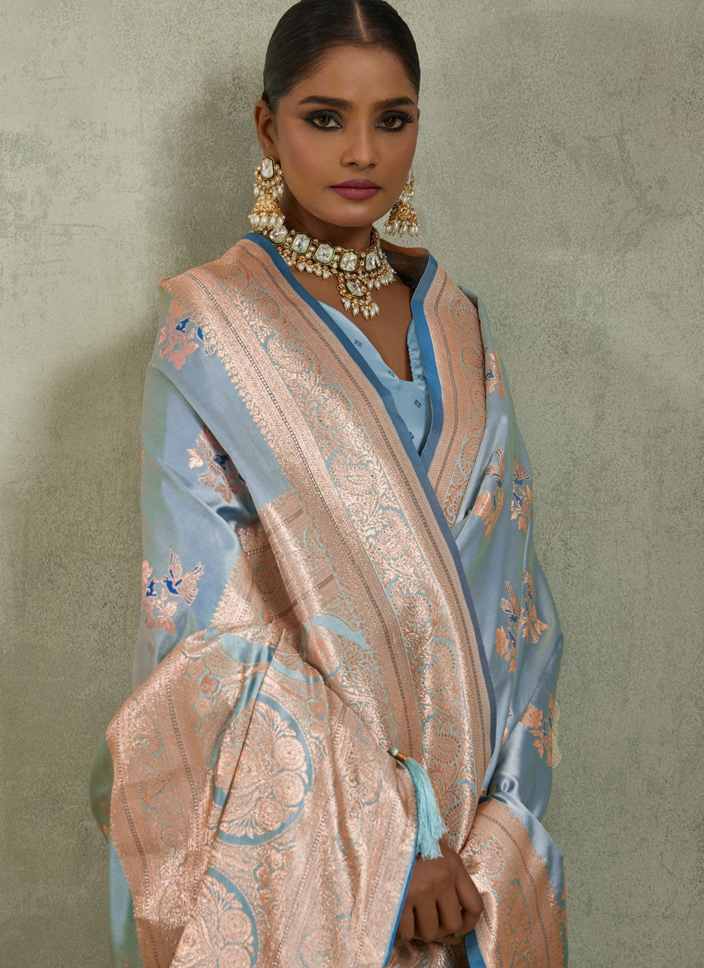 Blue Satin Silk Classic Saree Banarasi Jari, Border Work, Meenakari, Woven S19049