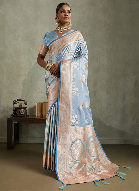 Blue Satin Silk Classic Saree Banarasi Jari, Border Work, Meenakari, Woven S19049