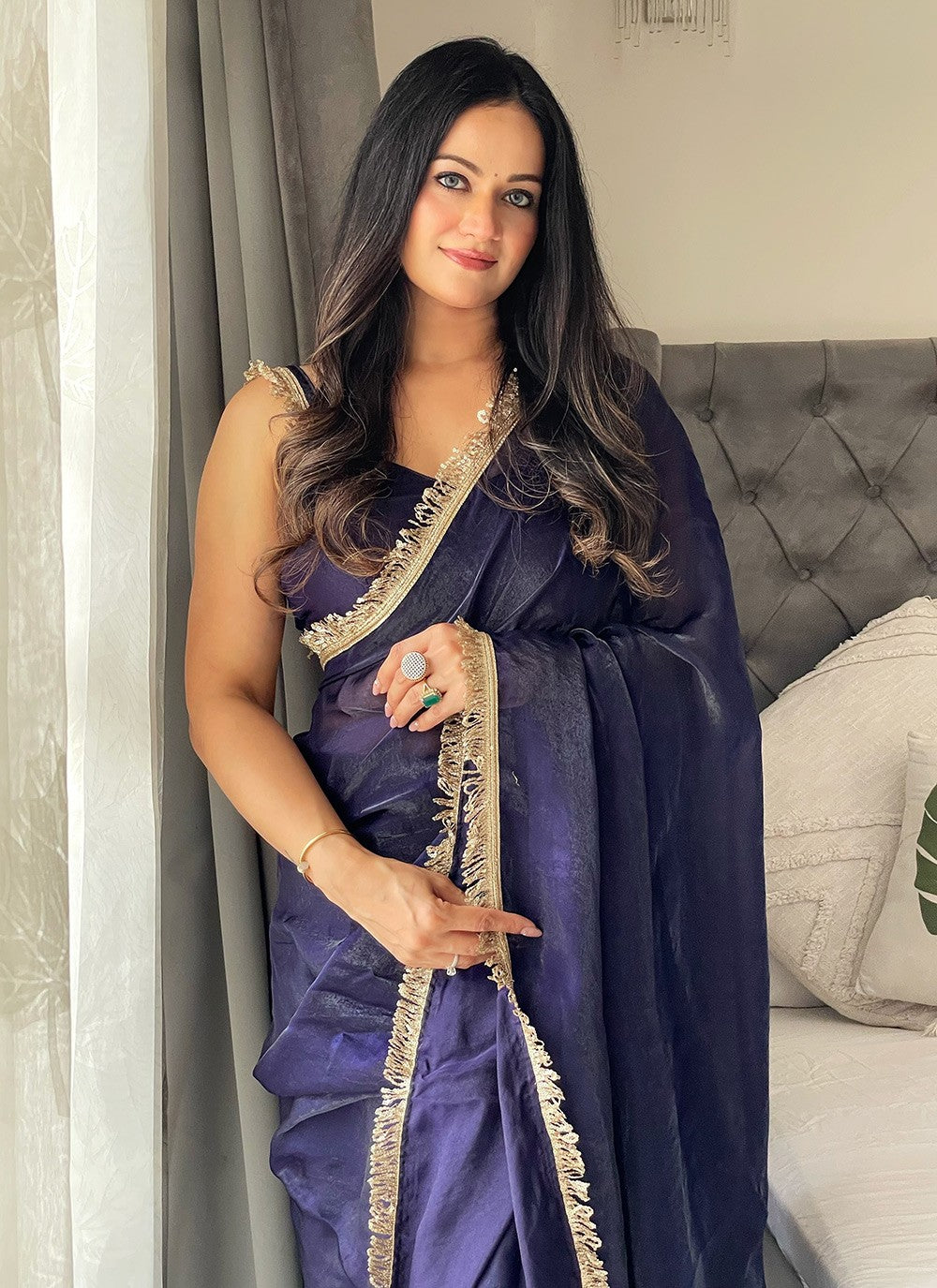 Embroidered Satin Blue Trendy Saree S15217