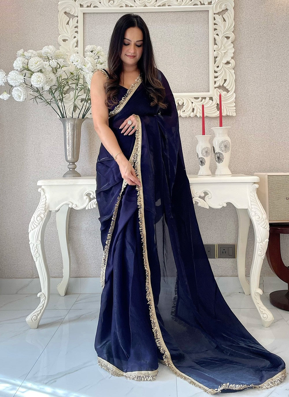 Embroidered Satin Blue Trendy Saree S15217