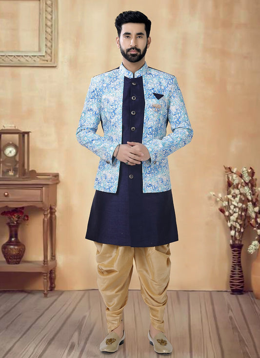 Embroidered Silk Blue Sherwani - M8501