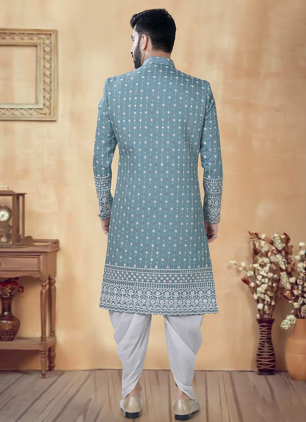 Embroidered Silk Blue Sherwani - M8498