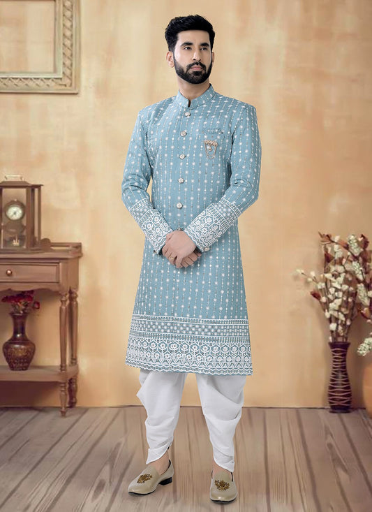 Embroidered Silk Blue Sherwani - M8498