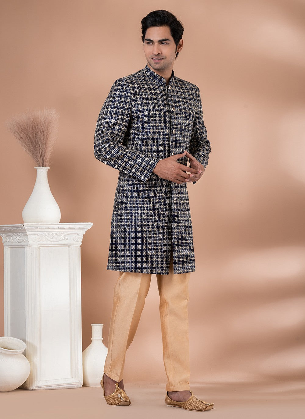 Embroidered Silk Blue Indo Western - M7055
