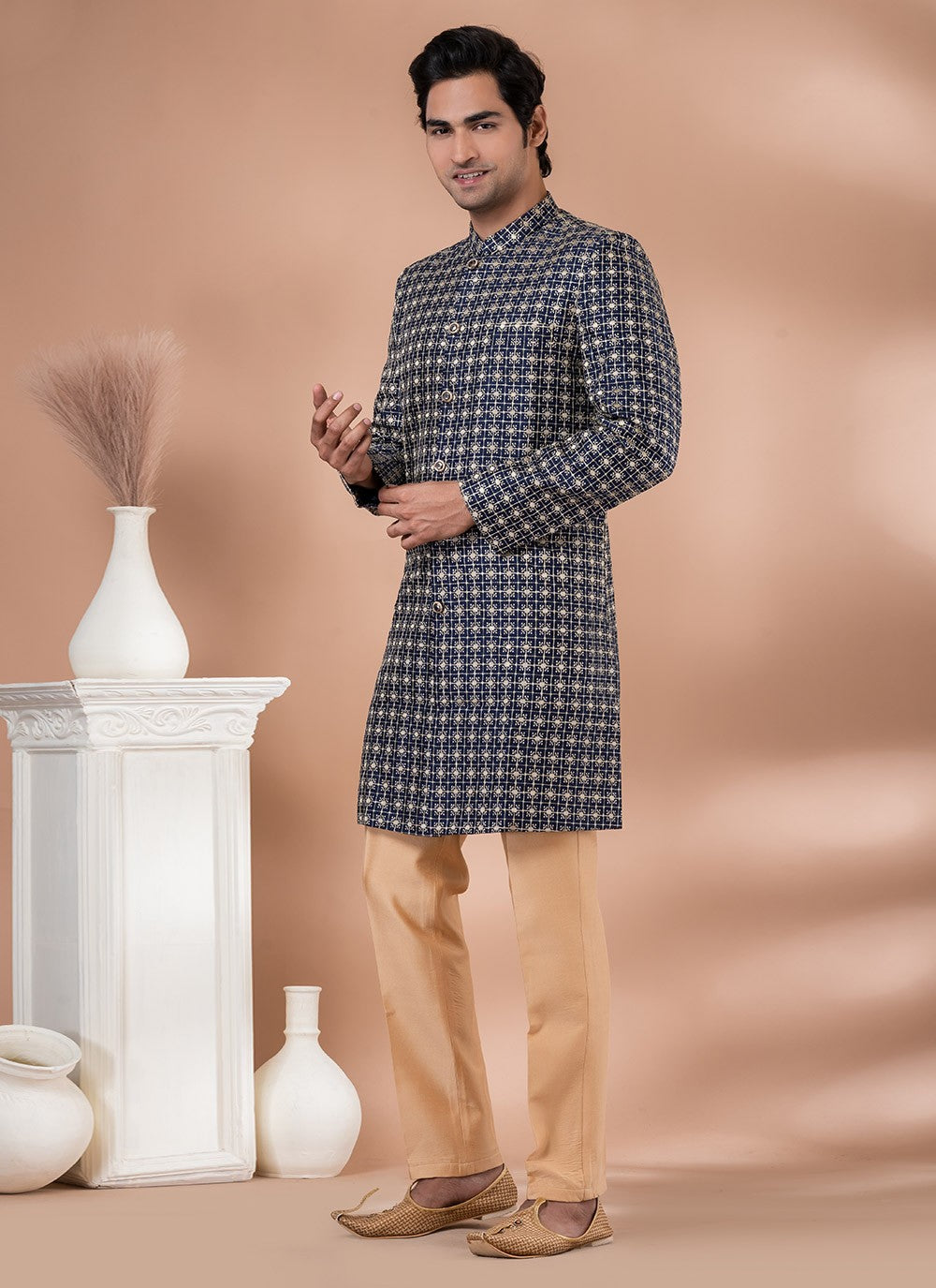 Embroidered Silk Blue Indo Western - M7055