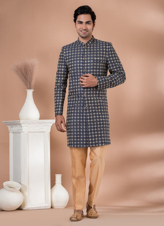 Embroidered Silk Blue Indo Western - M7055