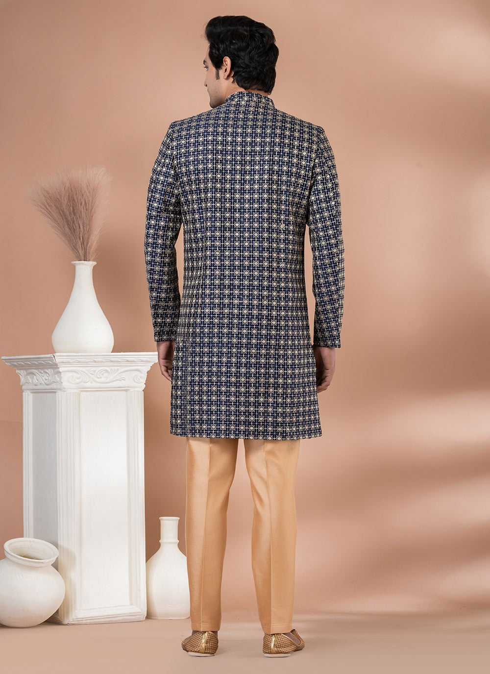 Embroidered Silk Blue Indo Western - M7055