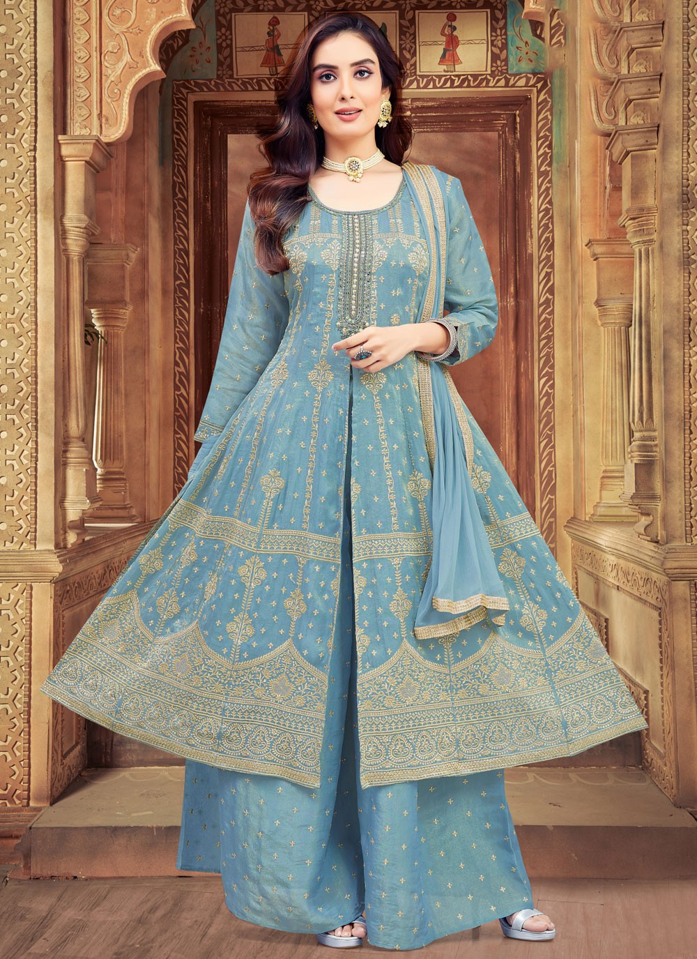 Palazzo Suit Embroidered, Zari Blue T6624