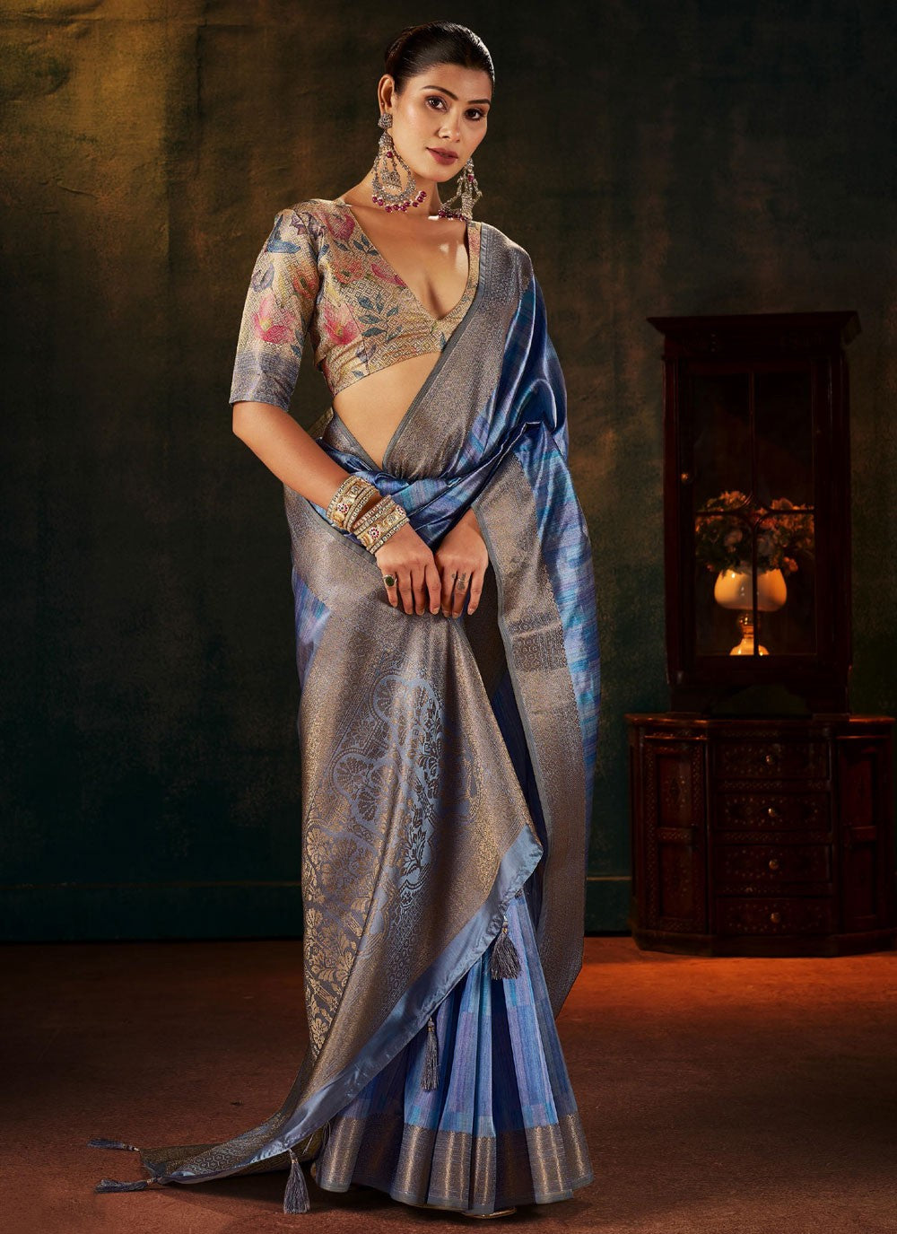 Blue Silk Contemporary Saree Weaving Zari S19256