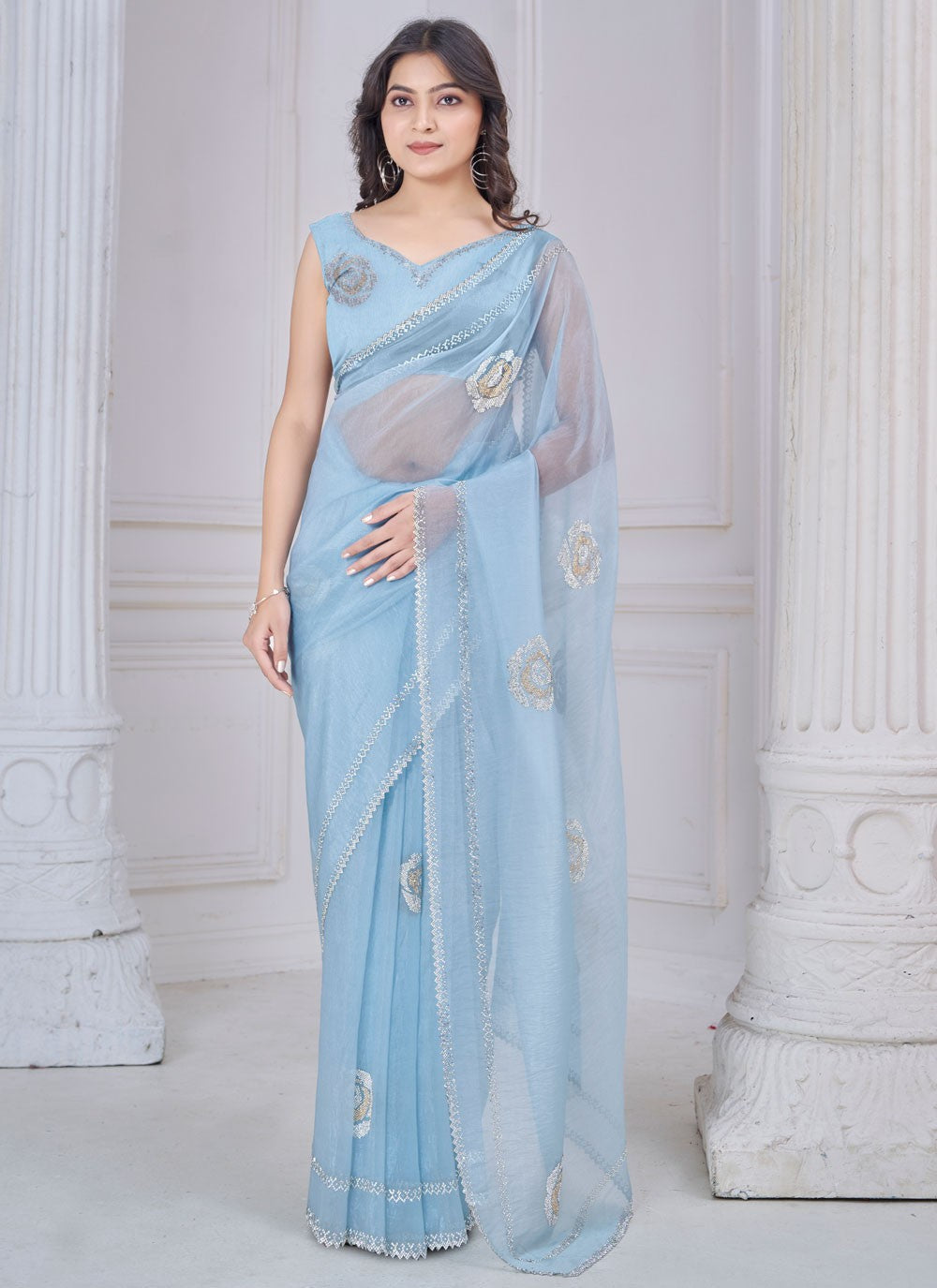 Swarovski Organza Blue Classic Saree S15119