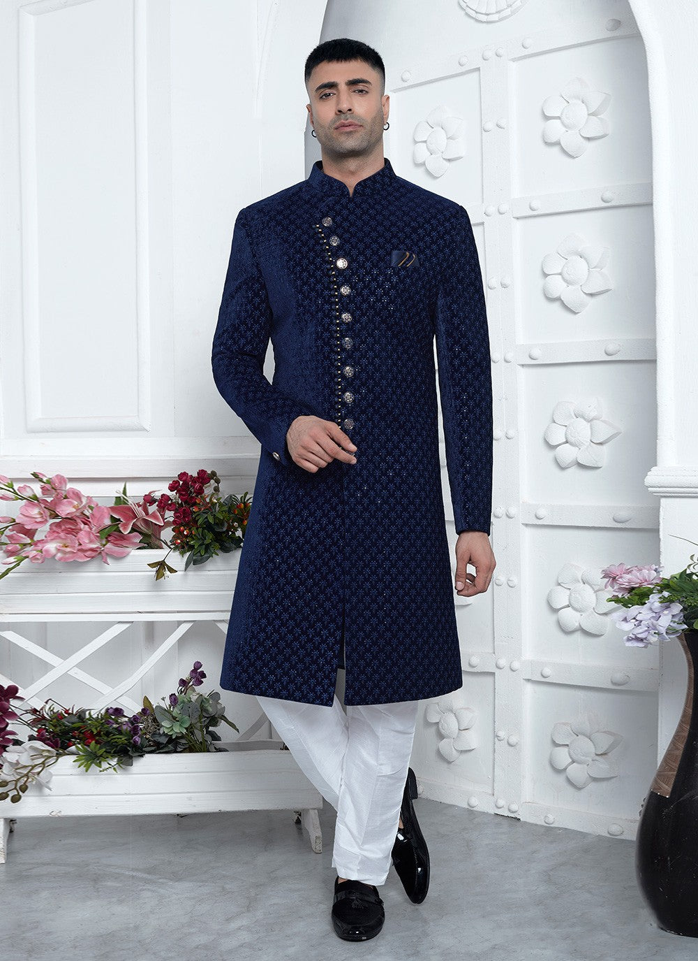 Machine Embroidery Silk, Velvet Blue Sherwani - M8259
