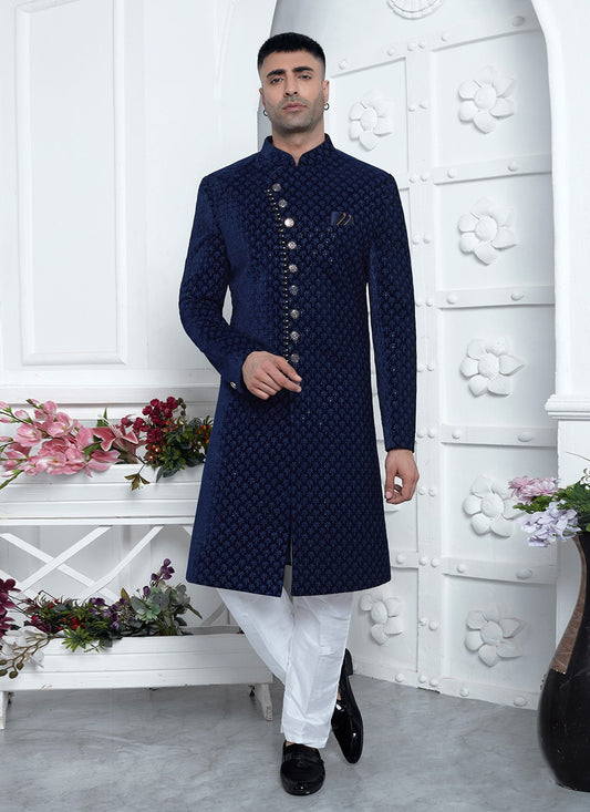 Machine Embroidery Silk, Velvet Blue Sherwani - M8259