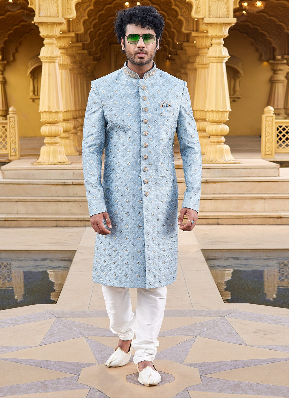 Machine Embroidery Art Silk Blue Sherwani - M6105