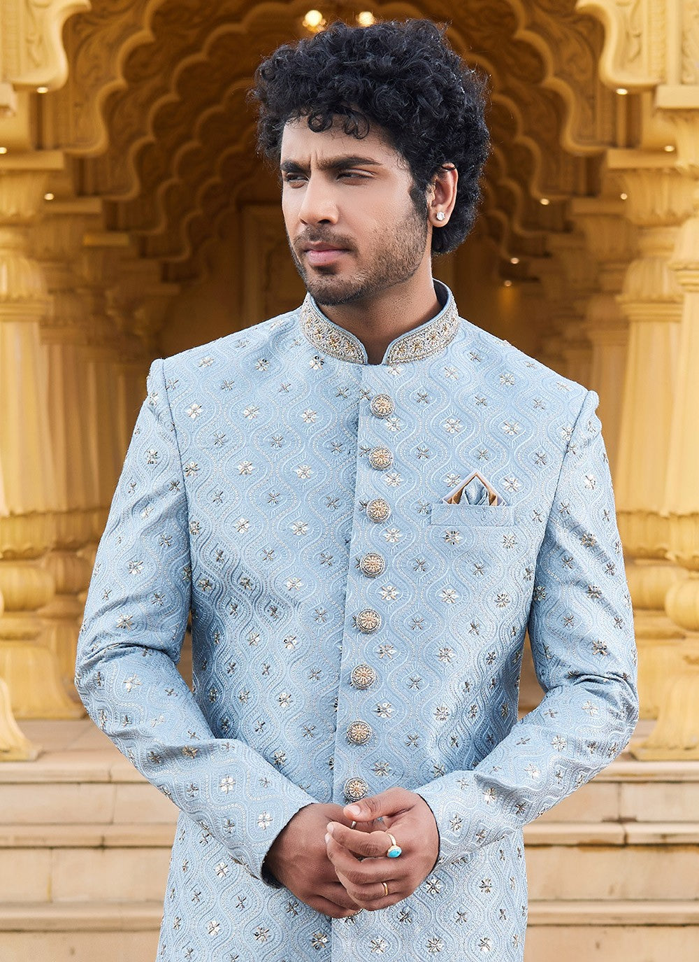 Machine Embroidery Art Silk Blue Sherwani - M6105