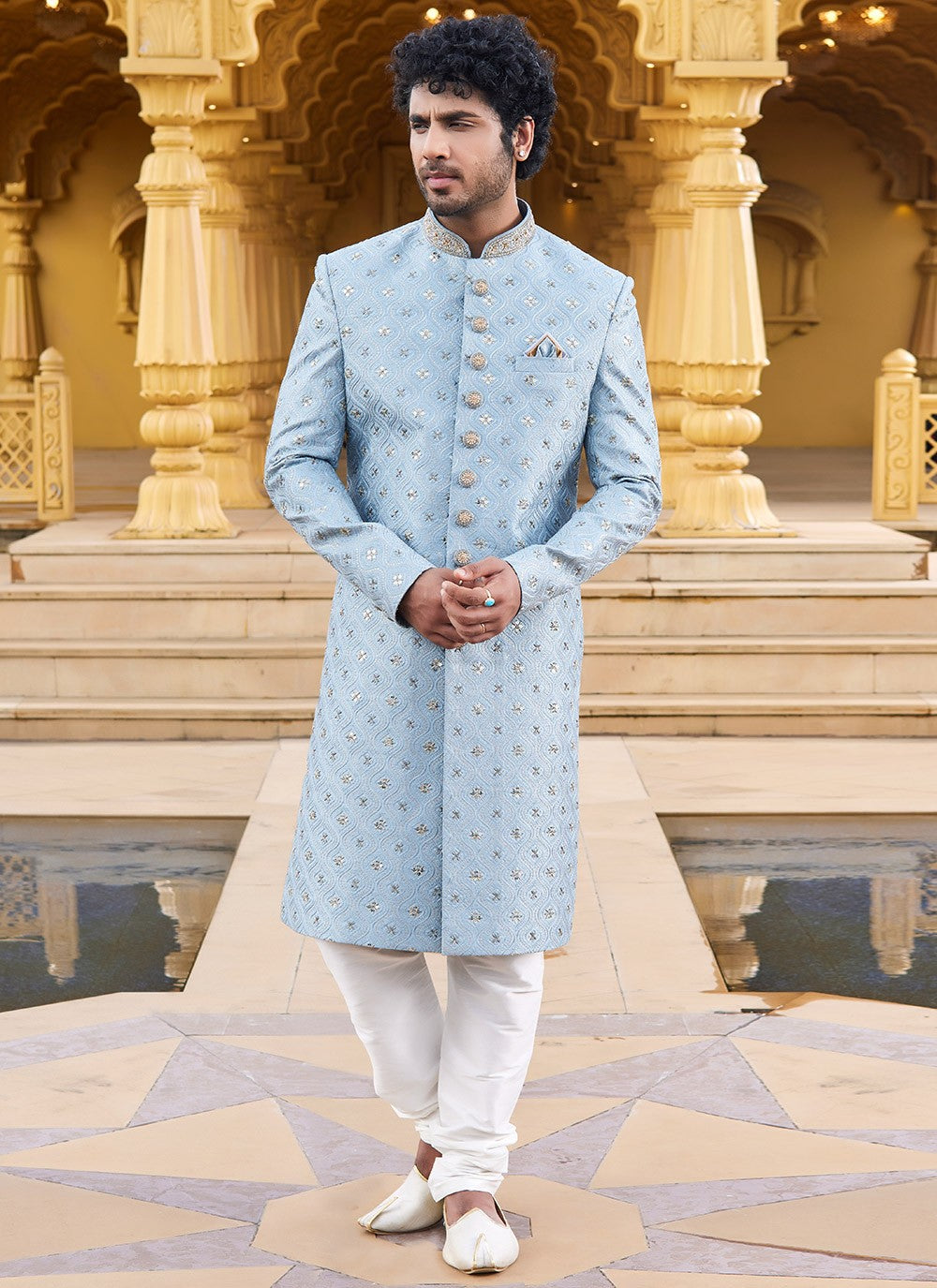 Machine Embroidery Art Silk Blue Sherwani - M6105