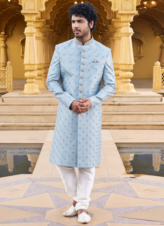 Machine Embroidery Art Silk Blue Sherwani - M6105