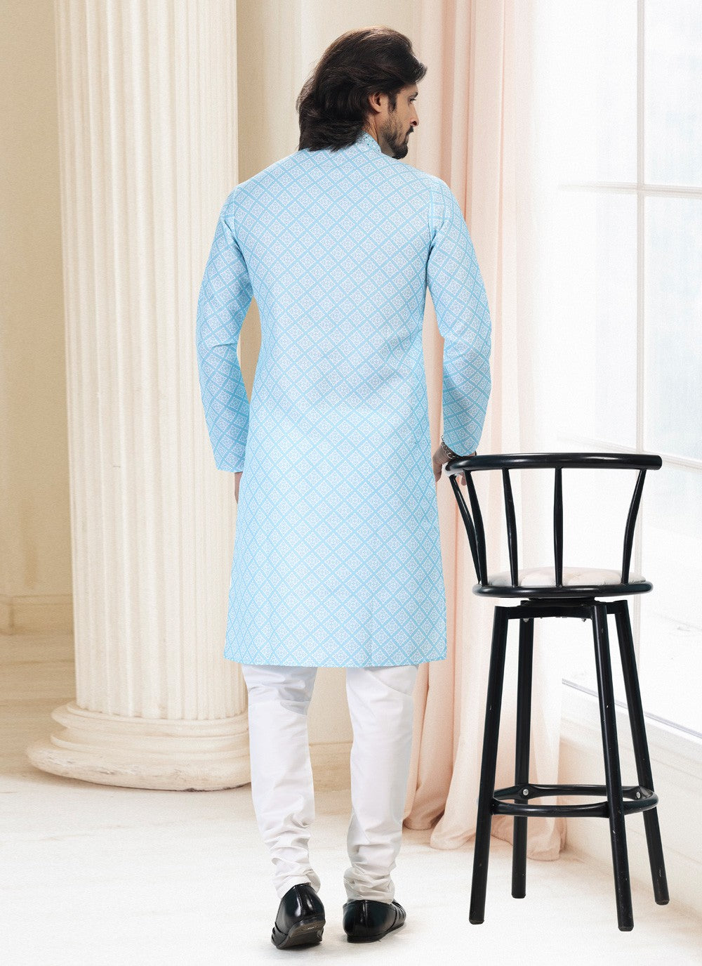 Fancy Work Cotton Blue Kurta Pyjama - M5125