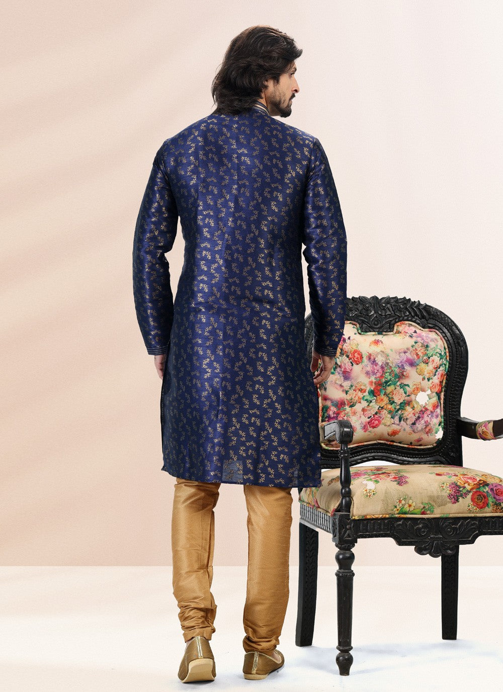 Fancy Work Banarasi Silk, Jacquard Blue Kurta Pyjama - M4834