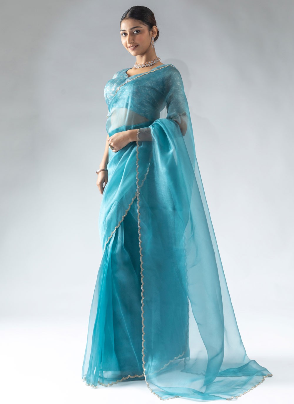 Border Work Organza Blue Traditional Saree S15594