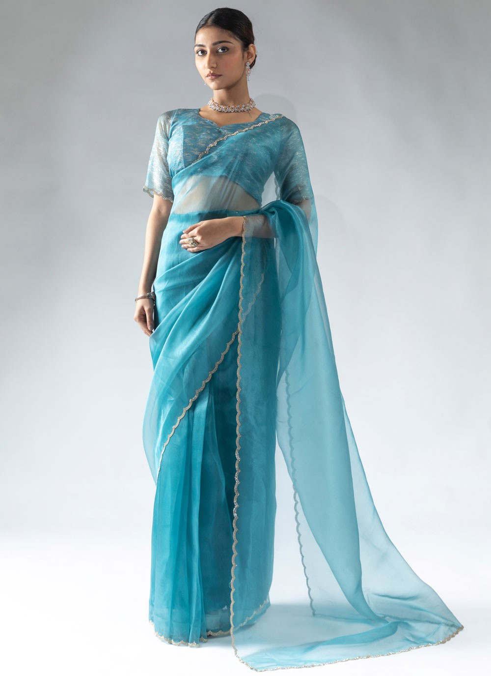 Border Work Organza Blue Traditional Saree S15594