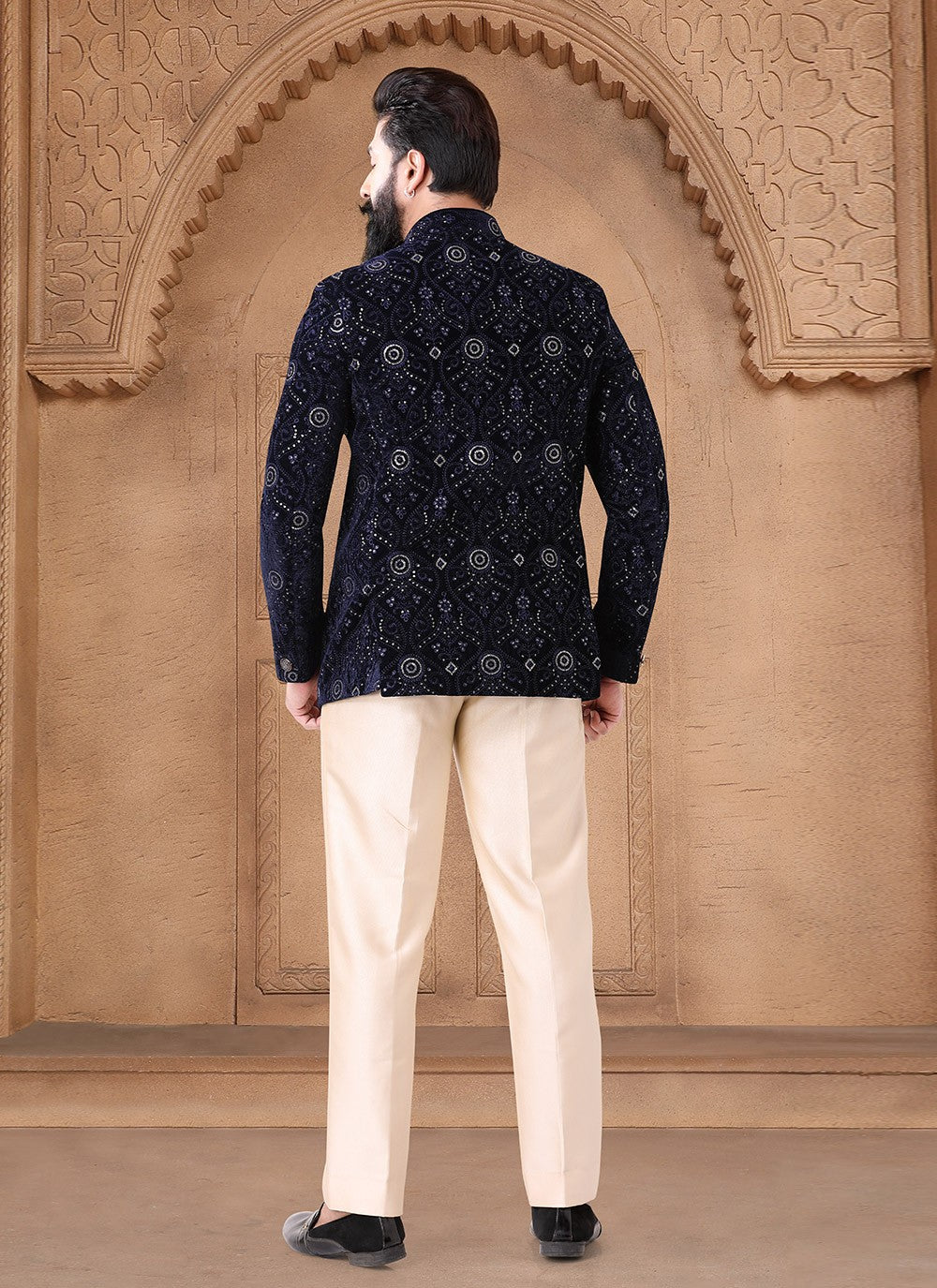 Embroidered Velvet Blue Jodhpuri Suit - M7624